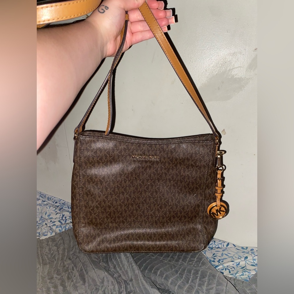 Michael Kors Brown Logo-Print Shoulder Bag with Tan Strap
